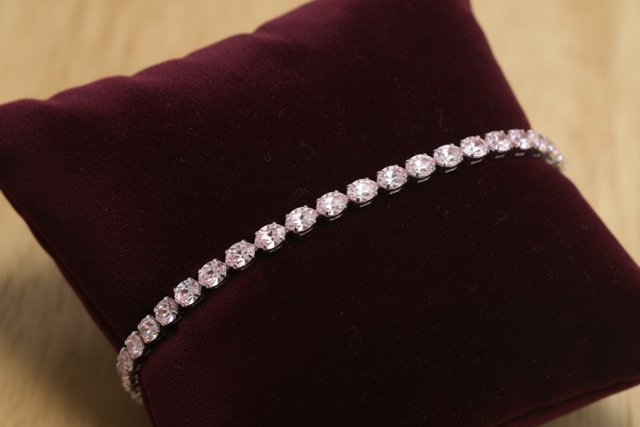 Light pink marquise crystal bracelet on burgundy velvet display