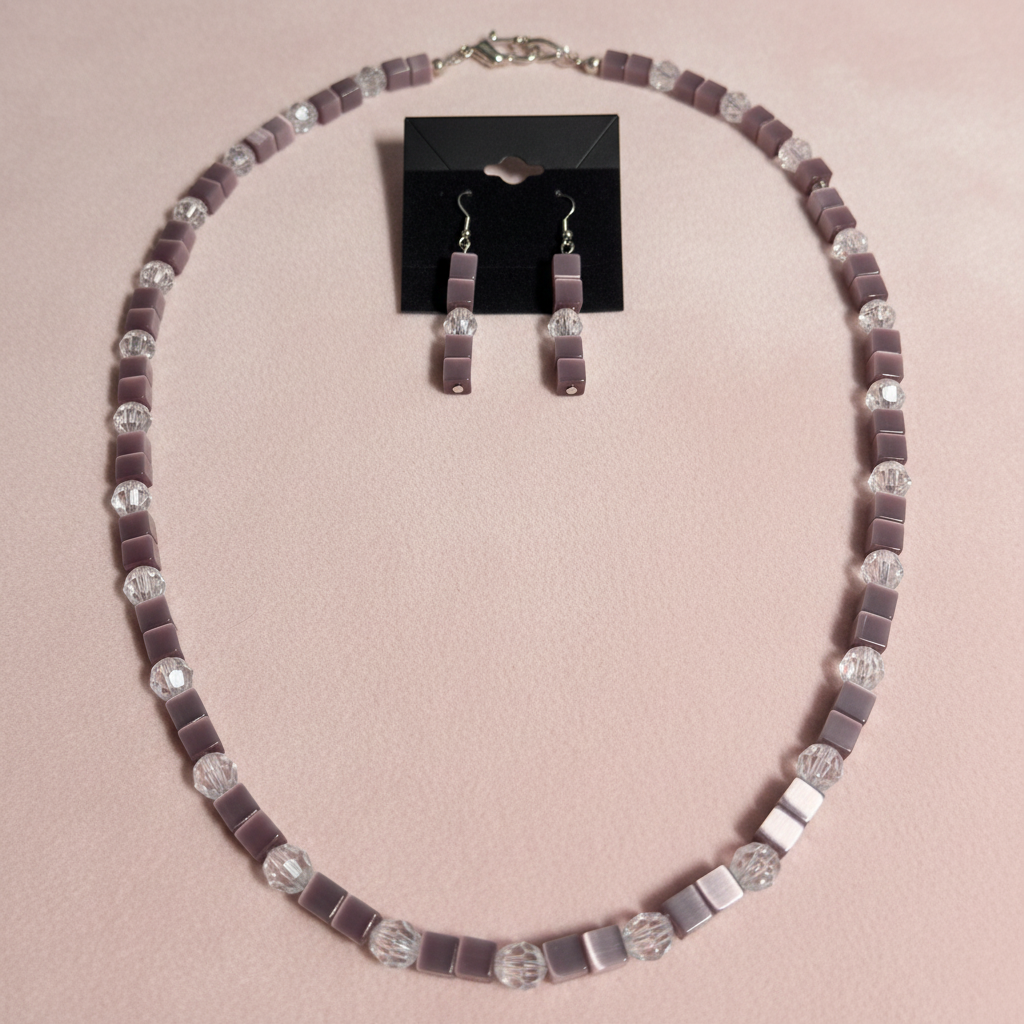 Lilac Fiber Optic Cube & Crystal Glass Necklace Set - Blush
