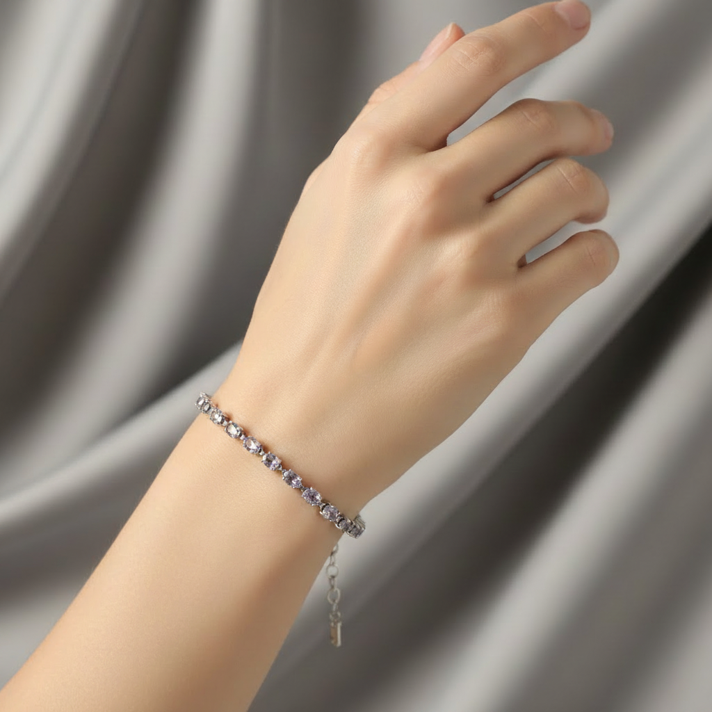 Medium lavender purple crystal bracelet on model's wrist