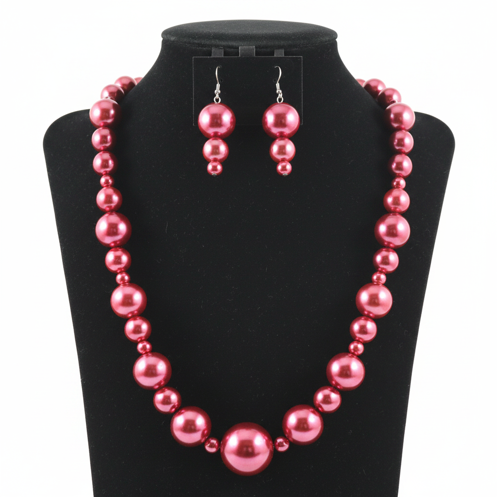 Metallic magenta graduated bead necklace on display
