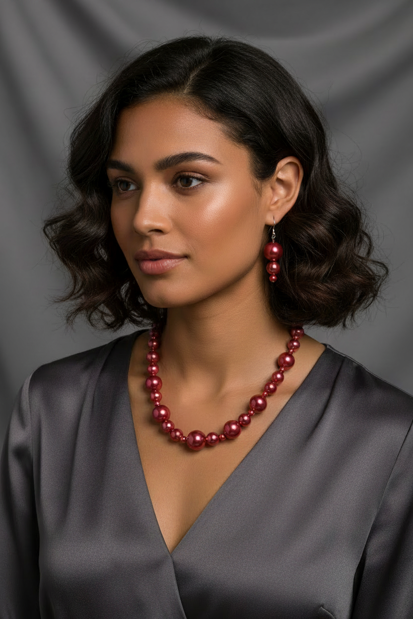 Metallic magenta necklace on model with matching drop earrings
