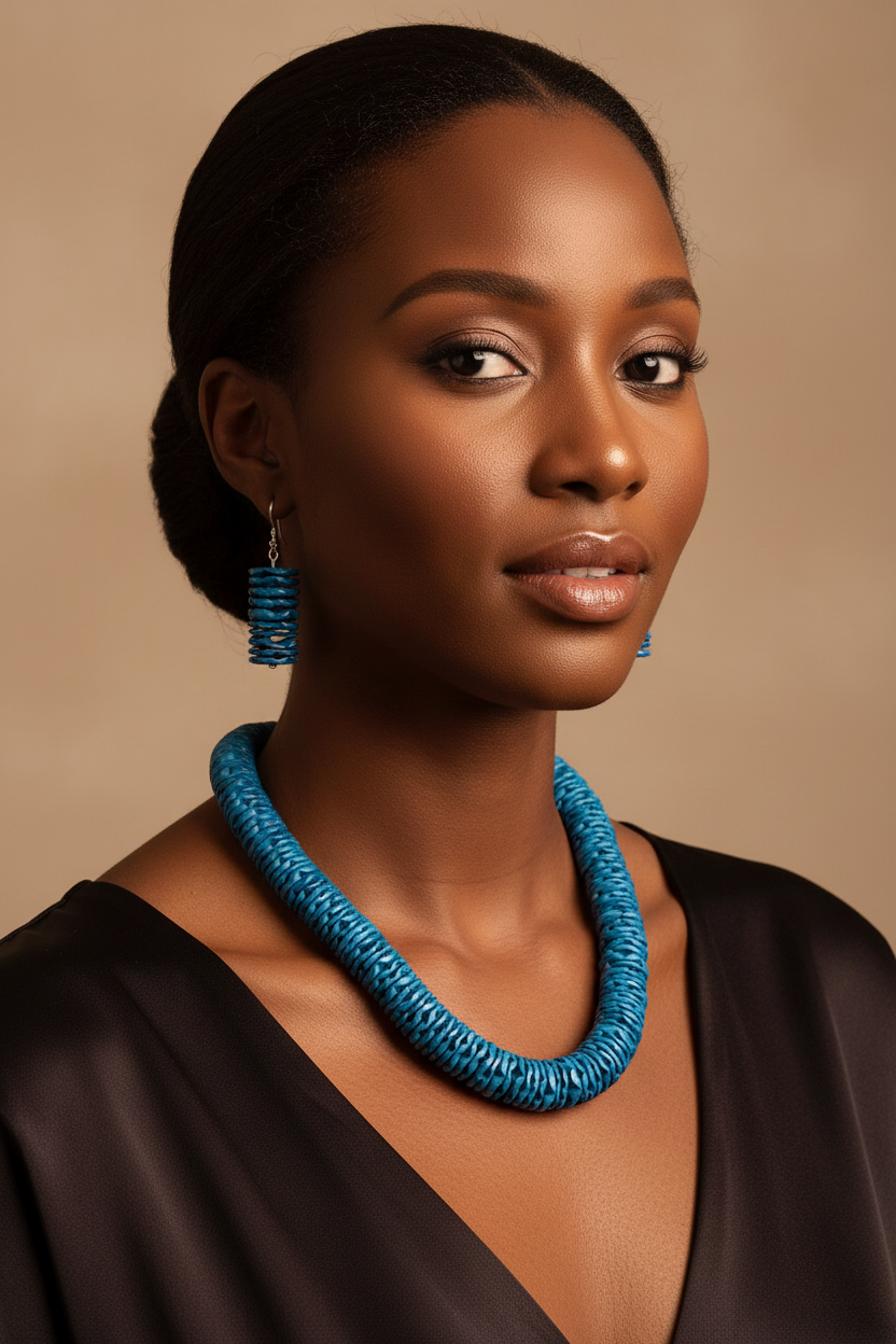 Model wearing blue carved coconut bead necklace and earrings