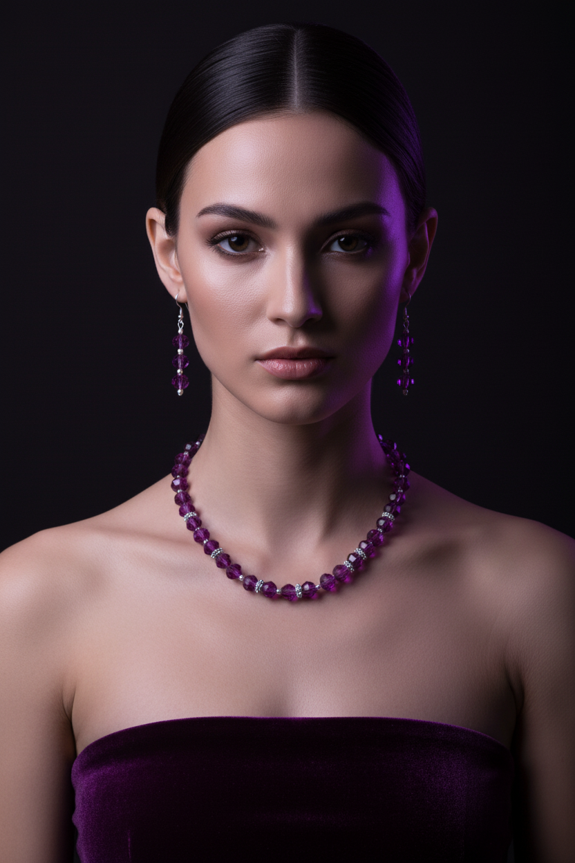 Model wearing bright purple faceted necklace and earrings with silver bicones