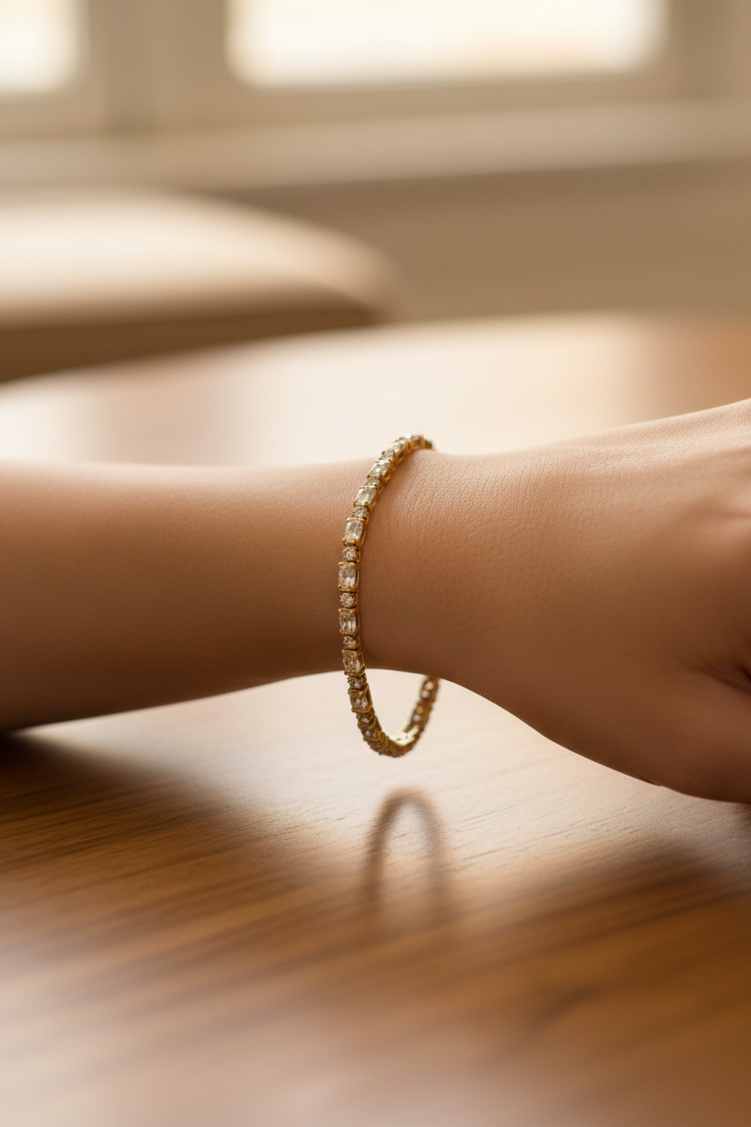 Model wearing crystal tennis bracelet
