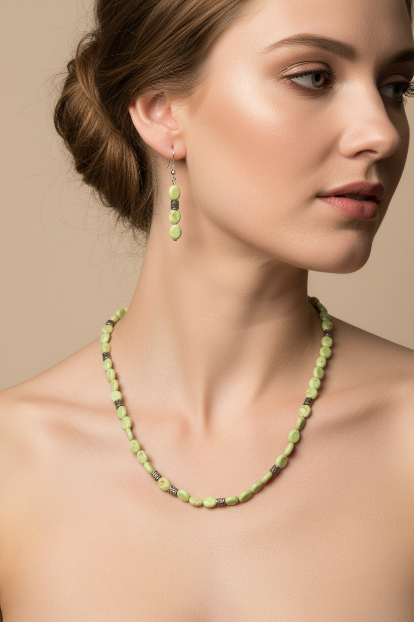 Model wearing green turquoise necklace with matching oval bead earrings