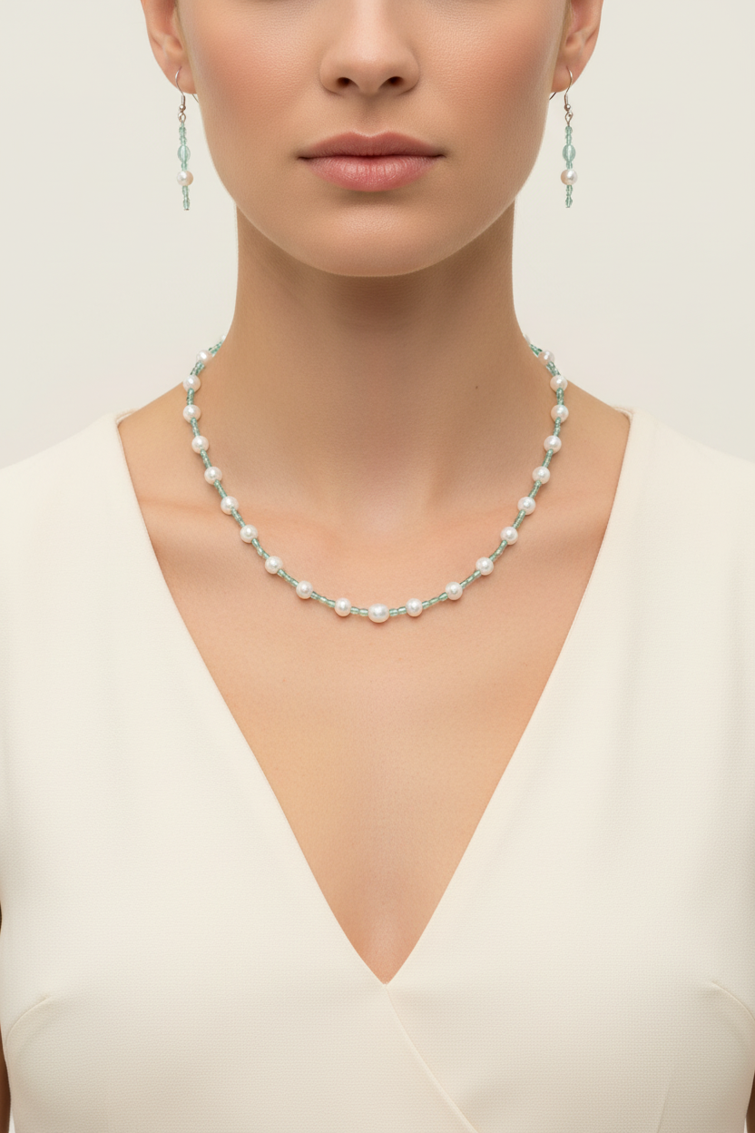 Model wearing pearlescent blue oval and pearl necklace and earrings
