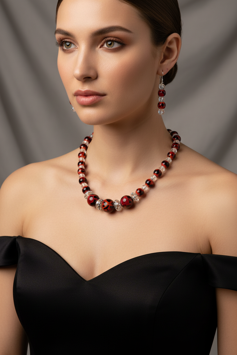 Model wearing red black orange glass bead necklace and earrings