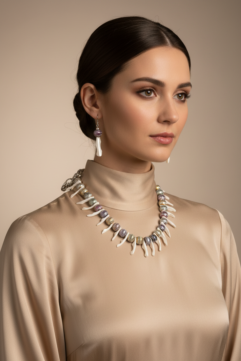 MOP Shell & Laser-Etched Aluminum Necklace - Look 1