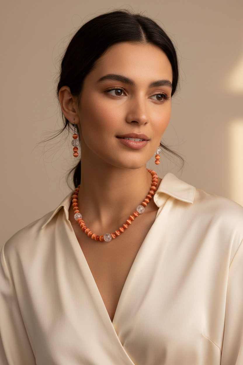 Orange Cat's Eye & Crackle Glass Necklace - Model