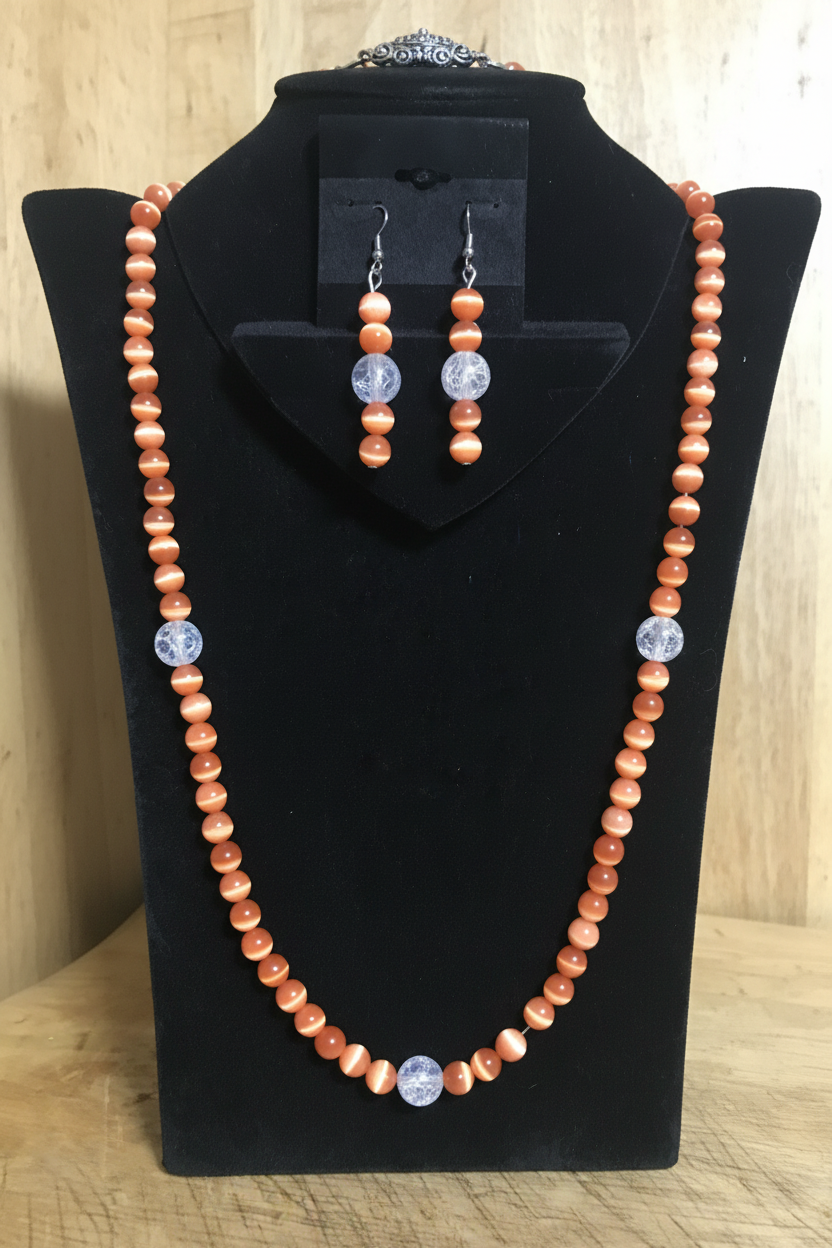 Orange Cat's Eye Necklace - Natural Wood Background