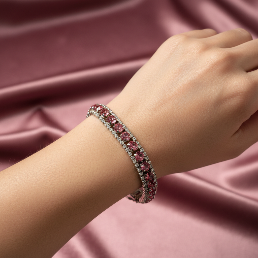 Pink crystal bracelet on model