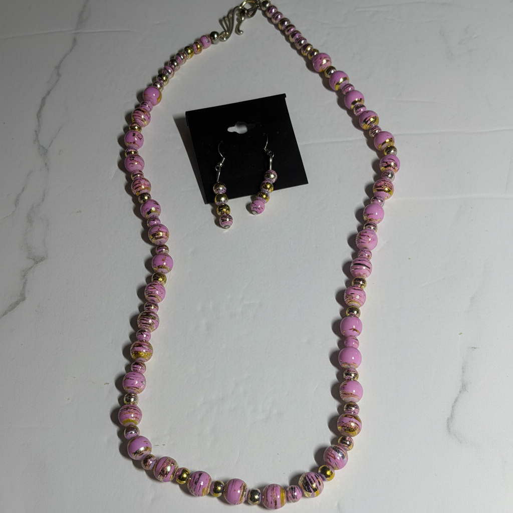 Pink & Gold Splatter Glass Necklace Set - Marble