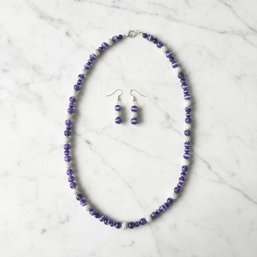 Purple Cat's Eye Necklace - Marble Flat Lay
