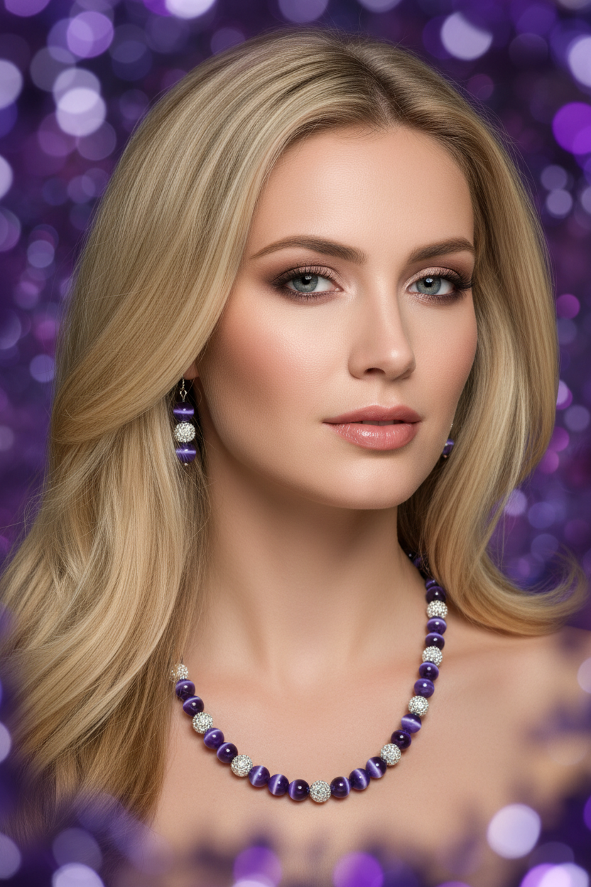 Purple Cat's Eye Necklace - Model Shot 2