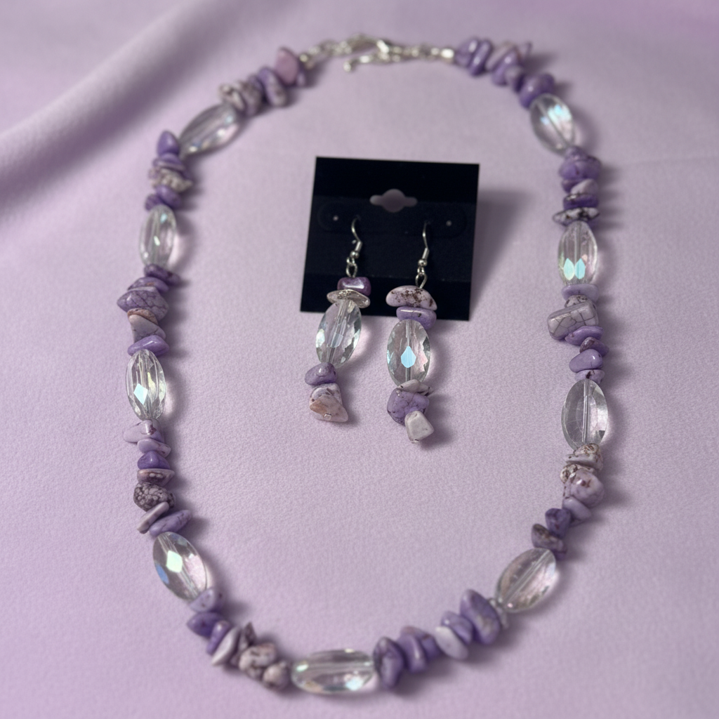 Purple Freeform Chip & Crystal AB Necklace Set - Lavender