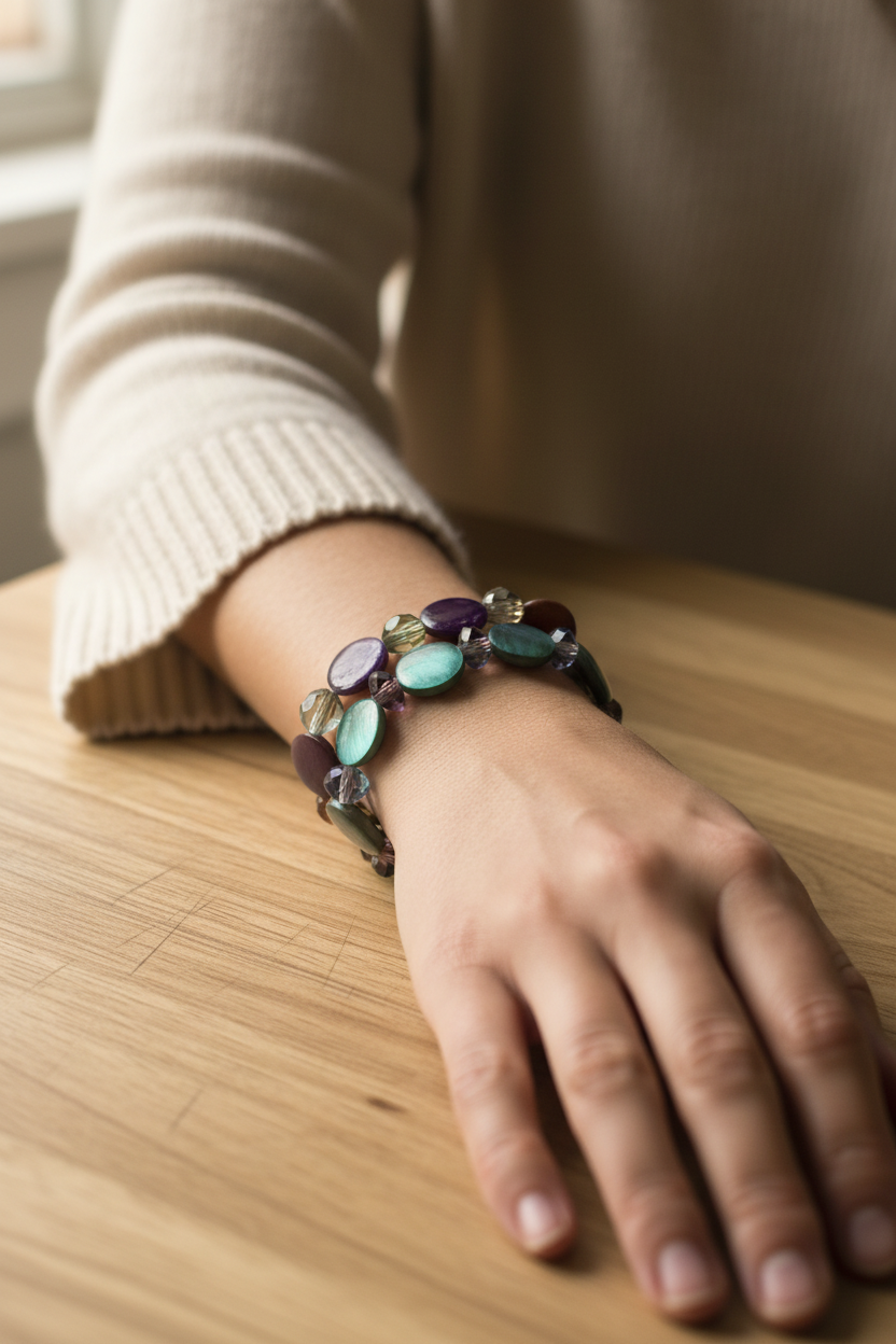 Shell & Acrylic Bracelet Pair on Model