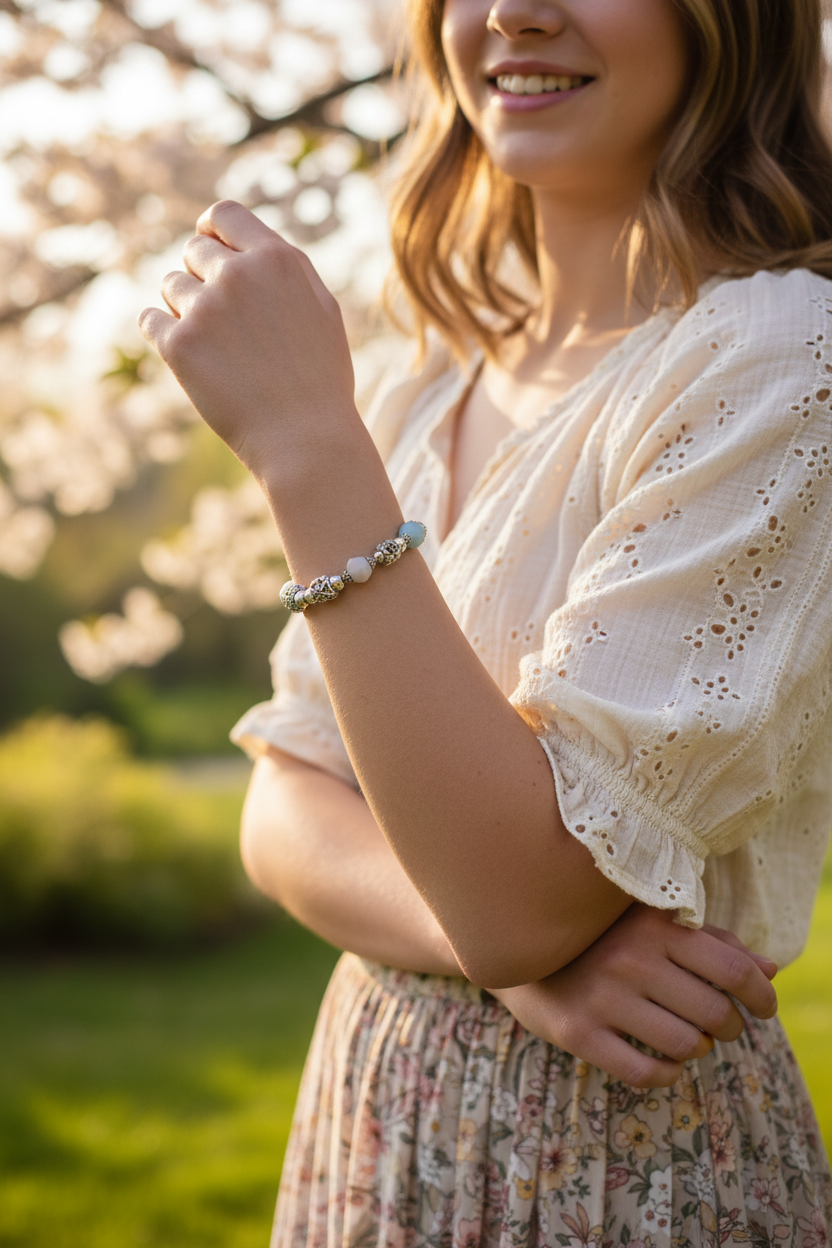 Silver Filigree Pastel Bracelet on Teen Model