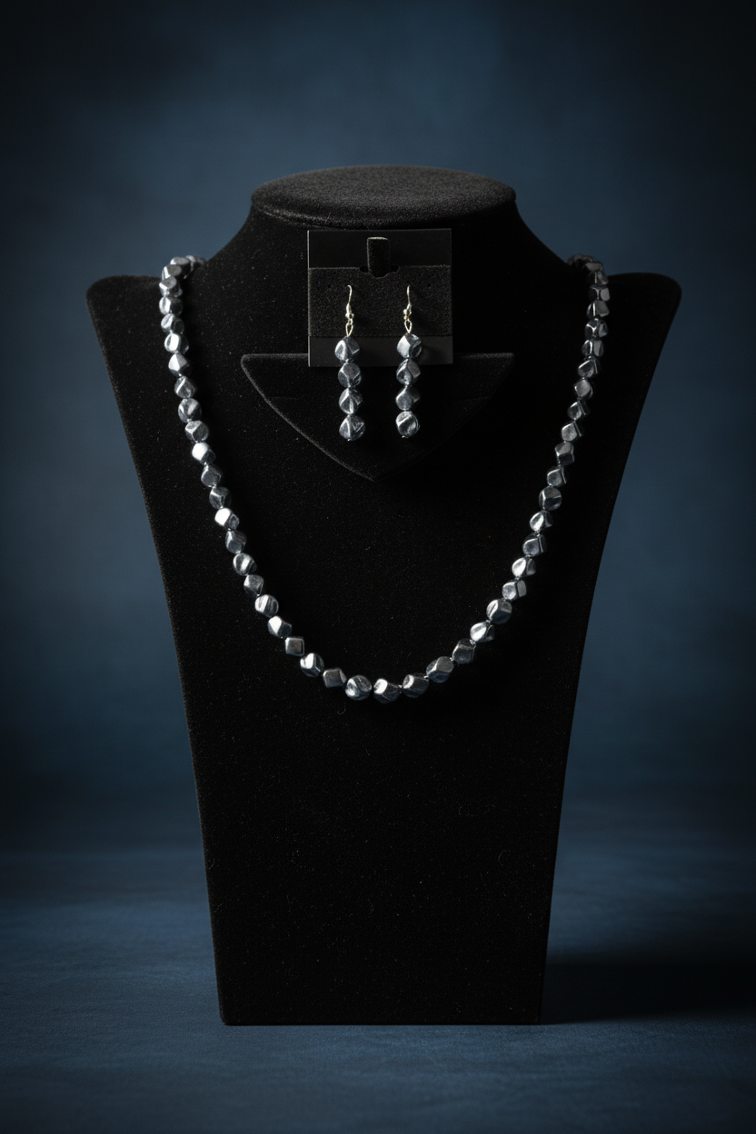 Smoky blue gray twisted acrylic cube necklace set on slate blue backdrop