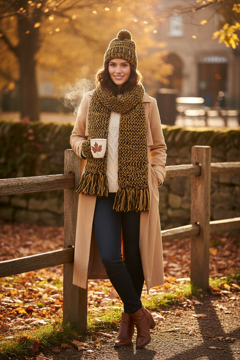 Style shot - girl wearing gold & black scarf and beanie set