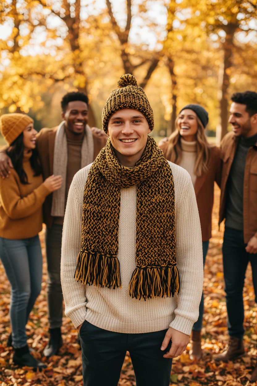 Style shot - young man in group wearing gold & black scarf and beanie