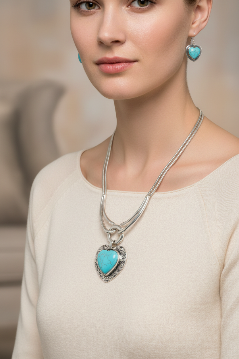 Turquoise Heart Necklace on White Model