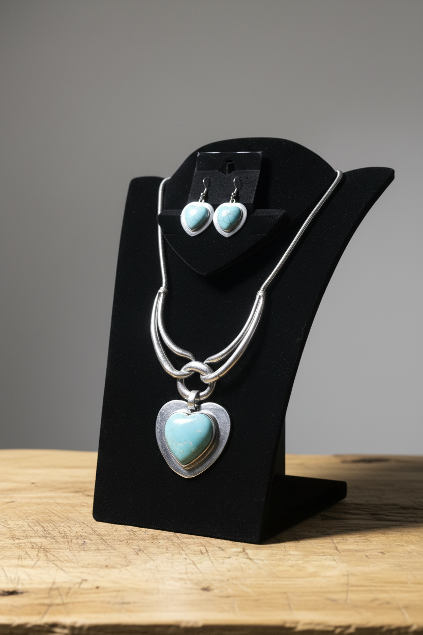 Turquoise Heart Necklace Set on Wooden Display