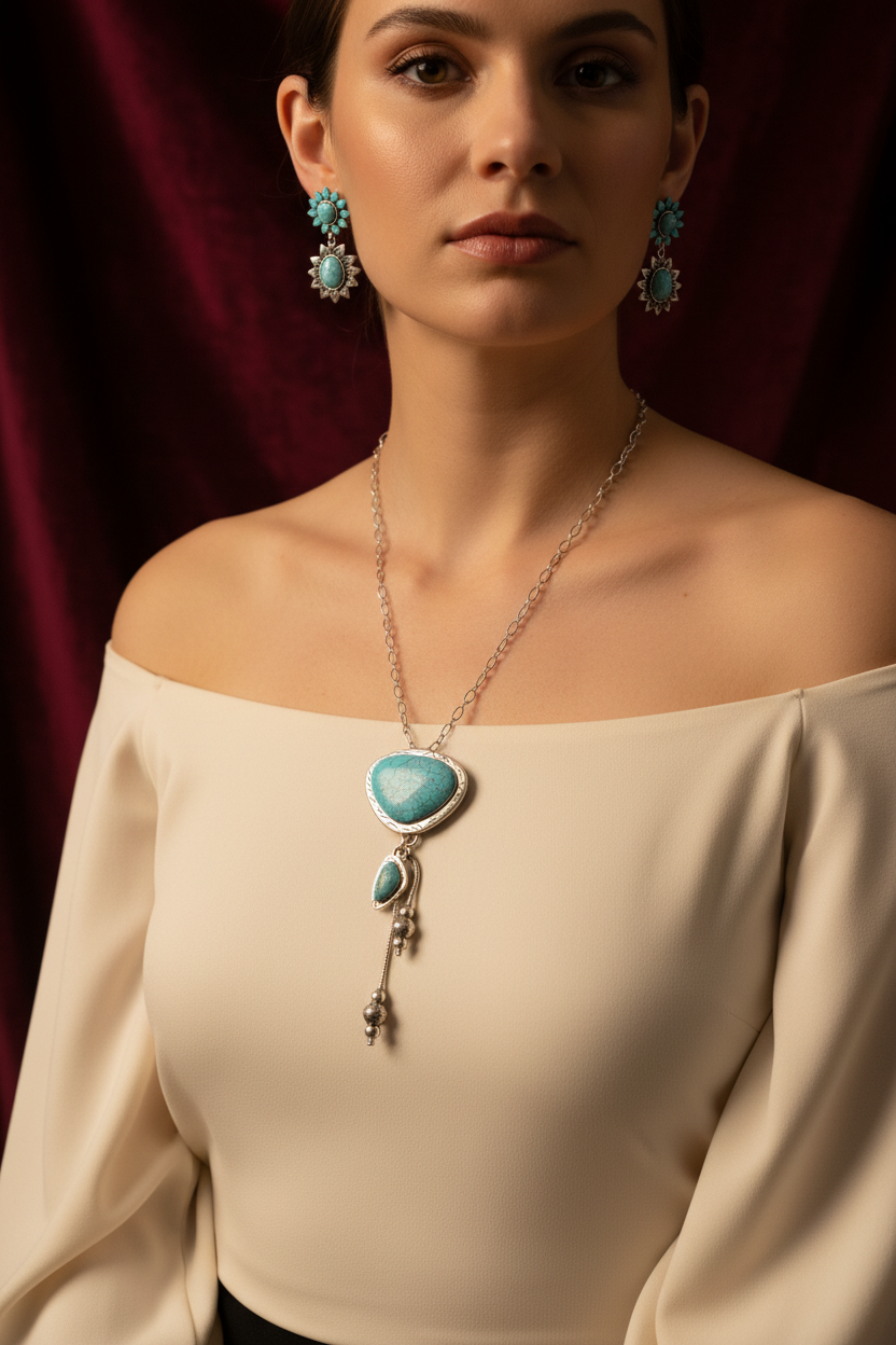 Model wearing turquoise pendant necklace and earring set with cream off-shoulder top