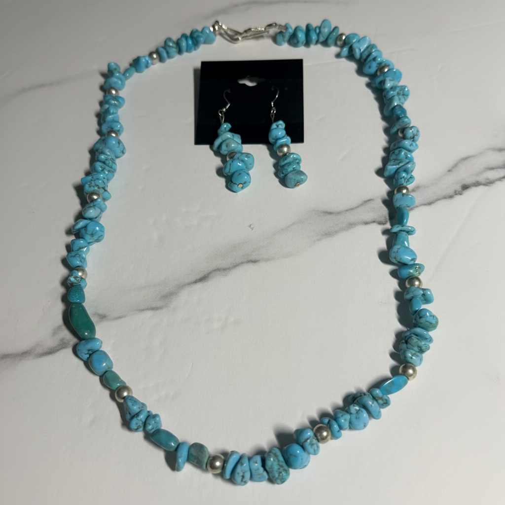 Turquoise Nugget & Silver Necklace Set - Marble