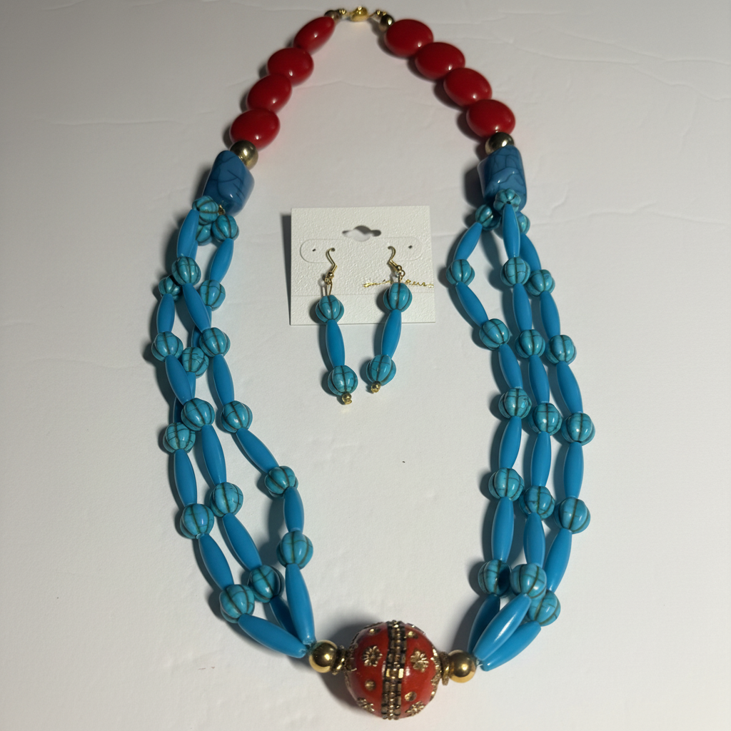 Turquoise & Red Coral Necklace Set - White