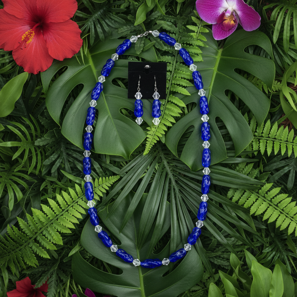 Vintage Blue Lampwork Necklace - Clean Tropical Flat Lay