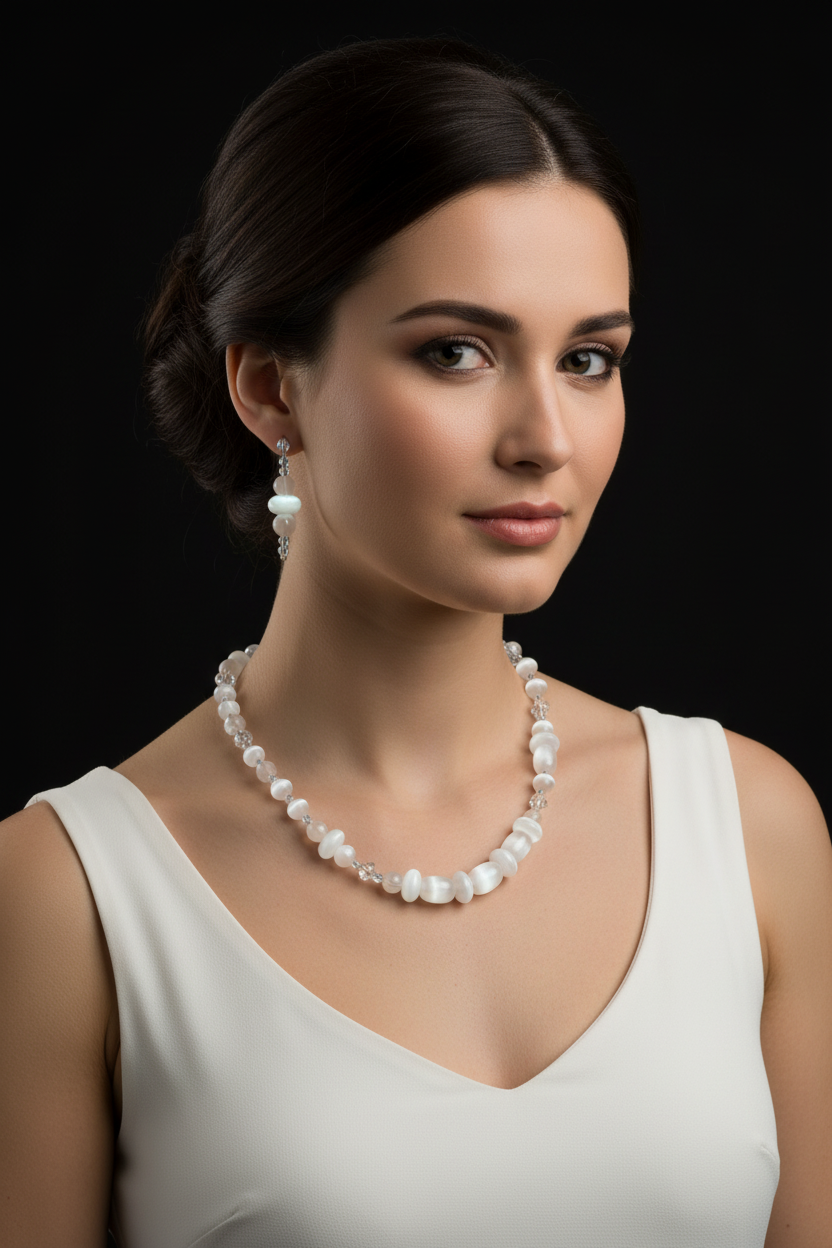 White Cat's Eye Necklace - Black Background Model